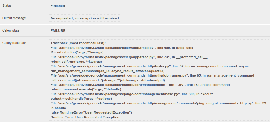 Estado del trabajo del comando de administración con un mensaje de rastreo.